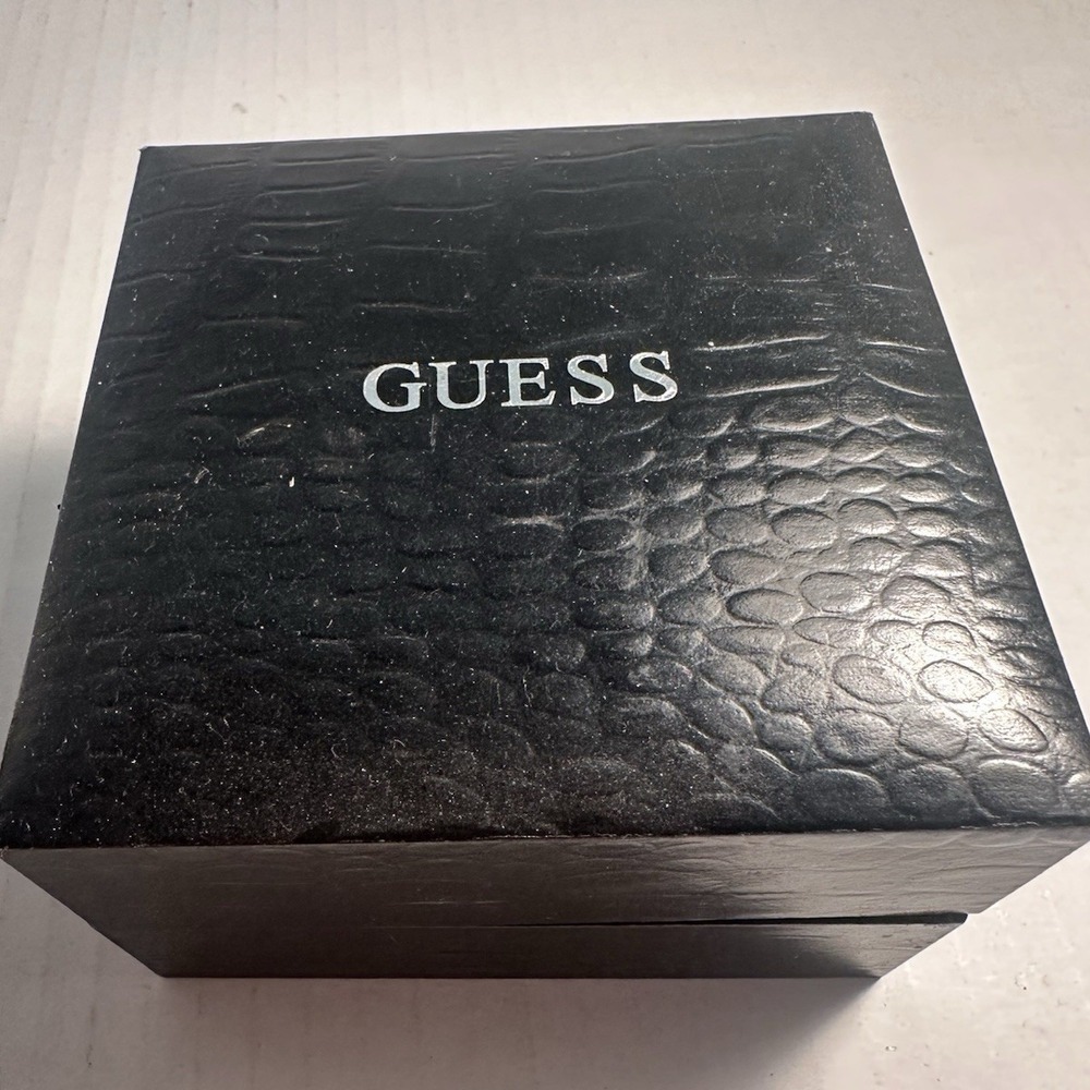 GUESS Analog Black Leather Bund Strap Wristwatch Brown Dial Silver Case Box